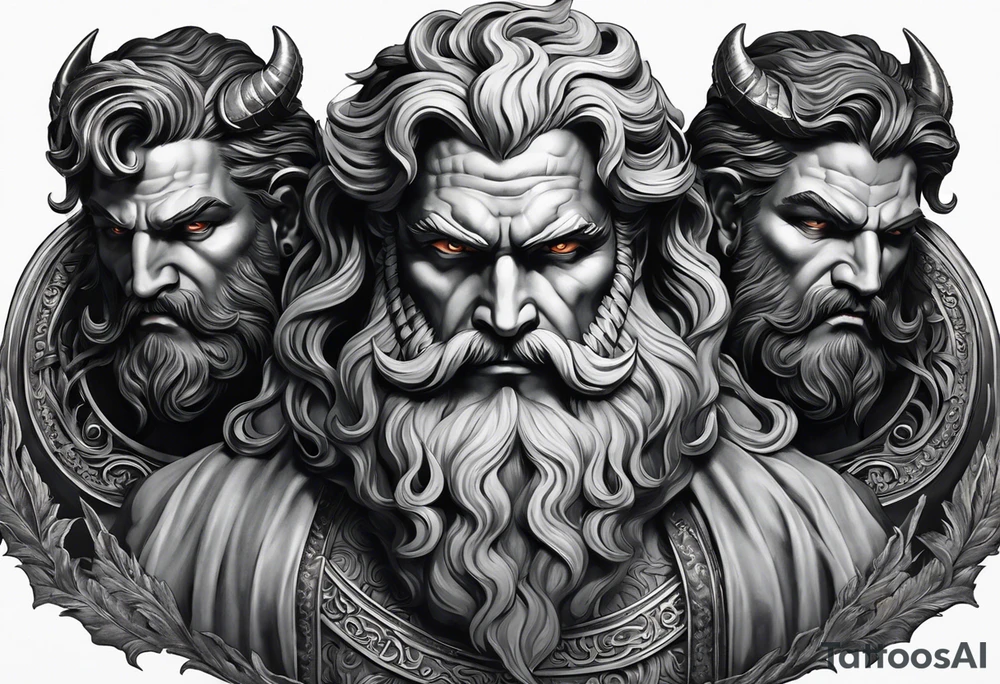 The tattoo features a highly realistic depiction of Hadès, the Greek god of the underworld, holding Cerberus, the three-headed guardian of the underworld, on a chain. Hadès is portrayed with a commanding and imposing presence. His face, marked by stern and intense eyes, exudes authority and control. His dark, flowing hair and beard are rendered with intricate details, adding texture and depth. He is draped in a richly detailed cloak that falls in realistic folds, enhancing his divine and somber demeanor. Cerberus, depicted in a dynamic and fierce pose, is shown with his three heads snarling and baring their fangs. Each head is intricately detailed with lifelike fur, sharp eyes, and menacing expressions. The three heads are chained, with the chains artistically wrapped around Hadès' hand, symbolizing his dominance over the beast. The chains themselves are depicted with realistic textures and shadows, emphasizing their weight and strength. The background remains minimalistic to keep the focus on Hadès and Cerberus. The tattoo uses detailed shading and highlights to bring out the textures of Hadès' cloak, Cerberus' fur, and the chains, capturing the dark and powerful essence of the Greek god and his fearsome guardian. tattoo idea