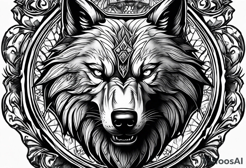 Werewolf face facing forward with a white and black eye very well detailed 
hand tattoo tattoo idea