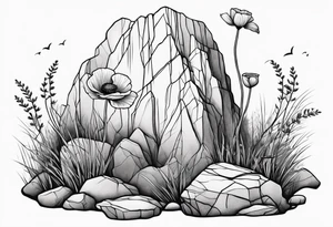 poppy growing out of rock with roots hugging 
rock in support tattoo idea