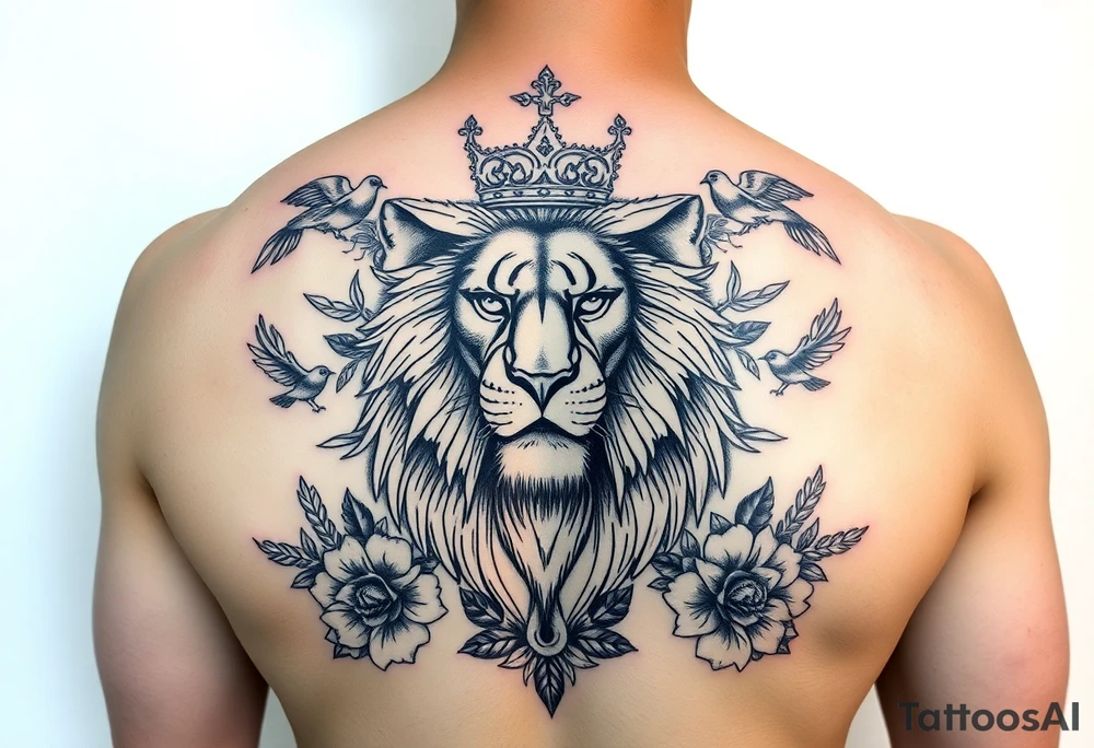 powerful majestic lion with a crown, surrounded by floral ornaments and birds tattoo idea