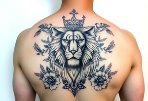 powerful majestic lion with a crown, surrounded by floral ornaments and birds tattoo idea