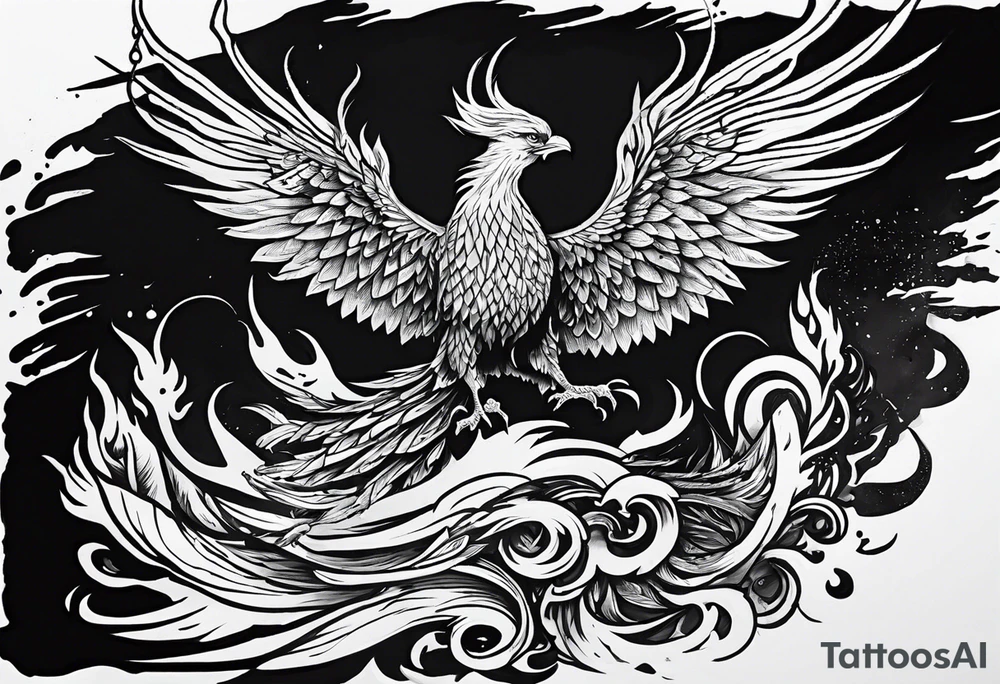 Powerful phoenix rising from the ashes of hell being its past of sin and addiction, being reborn. tattoo idea