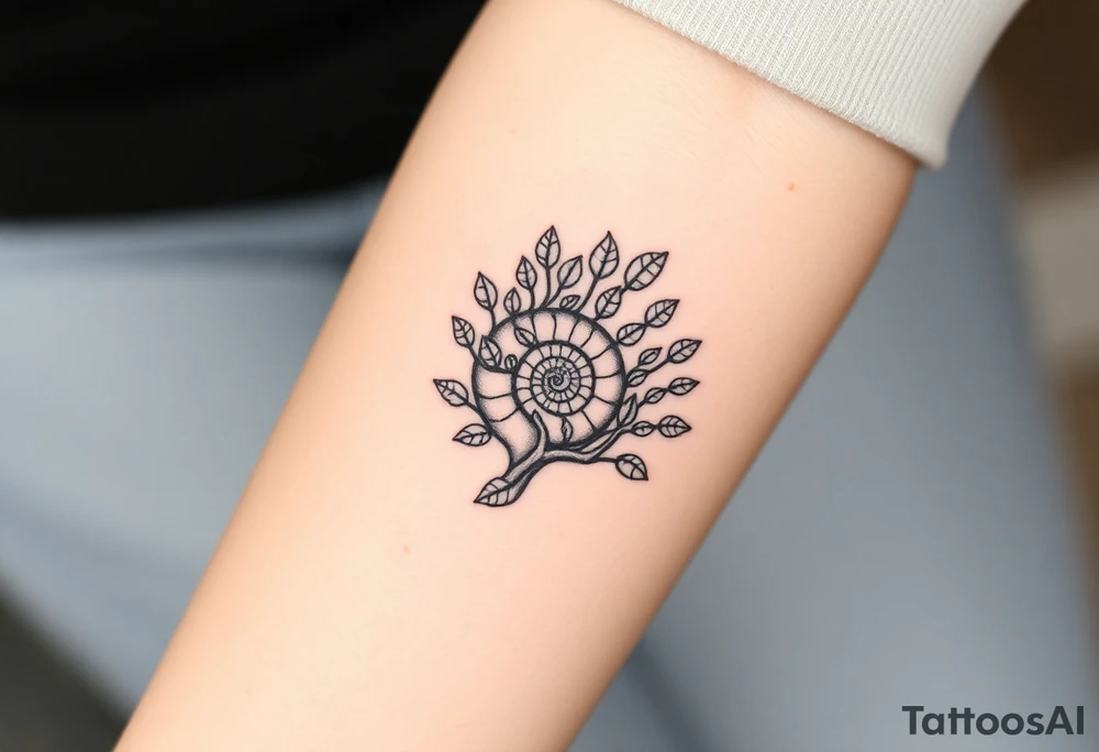 Fibonacci spiral shell inside of tree full of lots of leaves tattoo idea