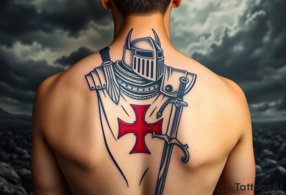 A fierce Templar knight in full armor, gripping a longsword, with a red cross emblazoned on his white tunic, standing against a stormy battlefield. tattoo idea