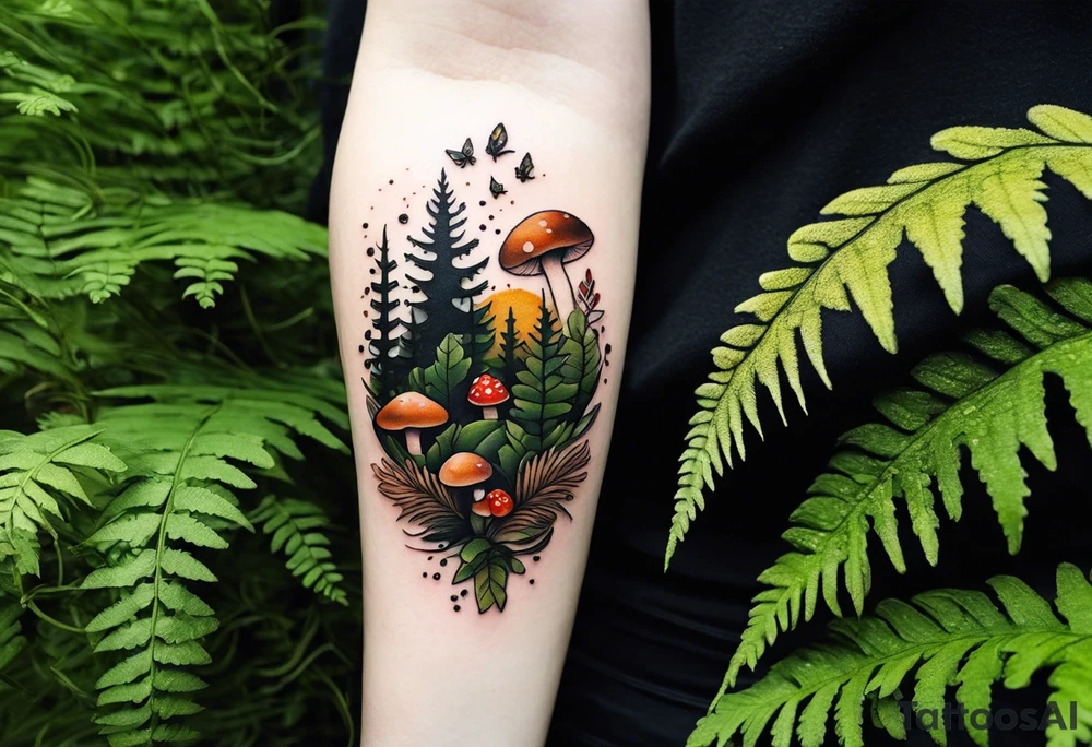 minimalistic forest floor inspired tattoo, which includes grass, moss, curly ferns and dead leaves as the bulk of the tattoo. details to include: forest berries, couple of very small brown mushrooms, a tiny bumblebee flying nearby tattoo idea