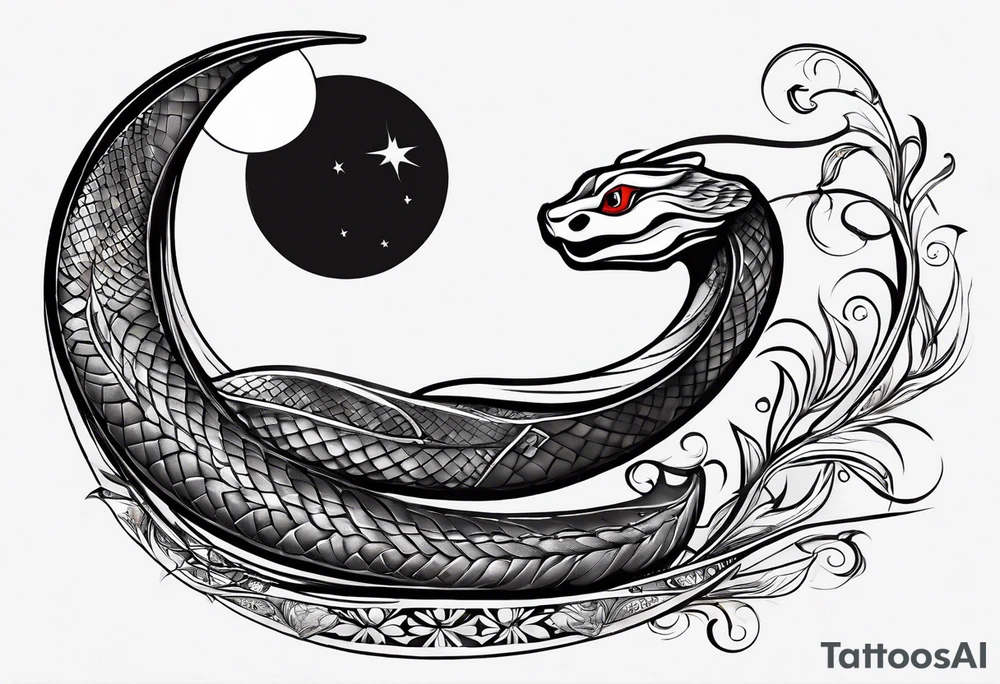 A snake wrapped around a crescent moon, which is connected to the sun which has a cardinal in it, minimalistic tattoo idea
