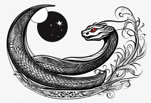 A snake wrapped around a crescent moon, which is connected to the sun which has a cardinal in it, minimalistic tattoo idea