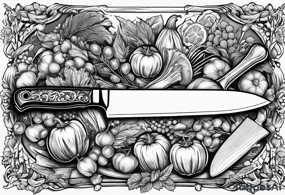 Chef knife with vegetables inside blade tattoo idea