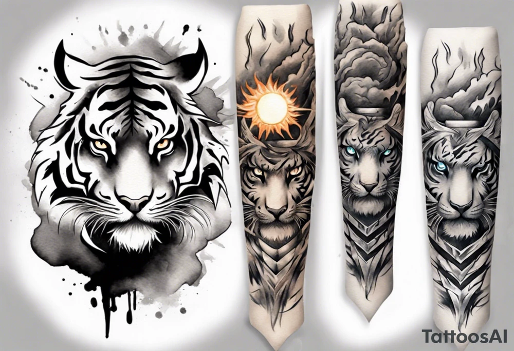 Tiger Warrior sleeve tattoo with lightning and the sun
Forearm sleeve tattoo idea Tiger Warrior sleeve tattoo with lightning and the sun
Forearm sleeve tattoo idea