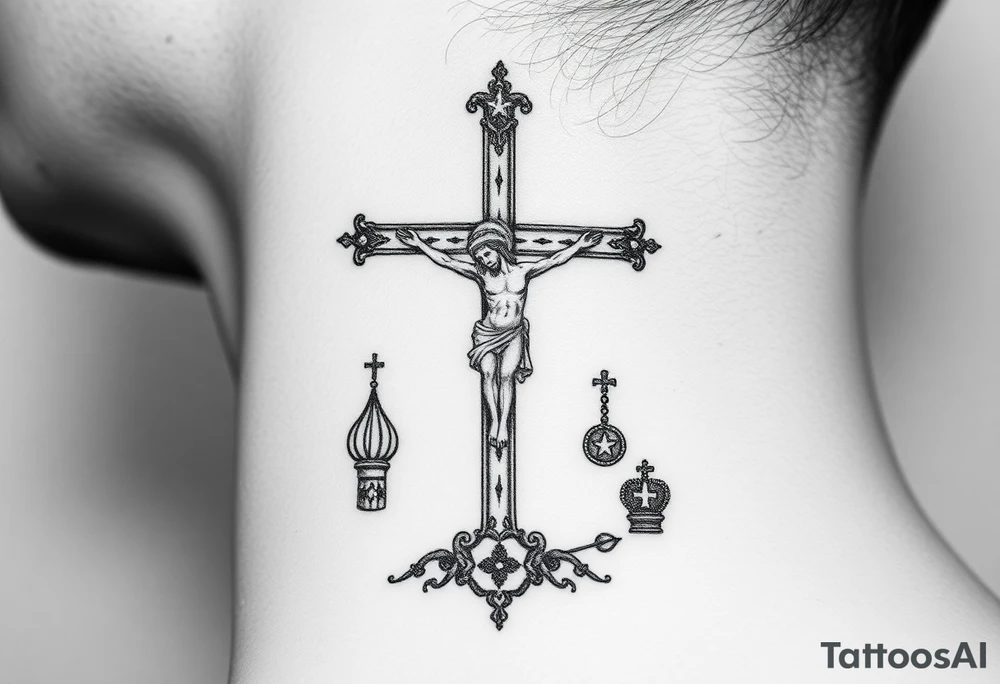 Traditional orthodox ICXC Christian cross with Jesus Christ on the cross also with the foot rest part of the cross in a Russian Kremlin setting tattoo idea