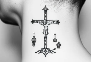 Traditional orthodox ICXC Christian cross with Jesus Christ on the cross also with the foot rest part of the cross in a Russian Kremlin setting tattoo idea