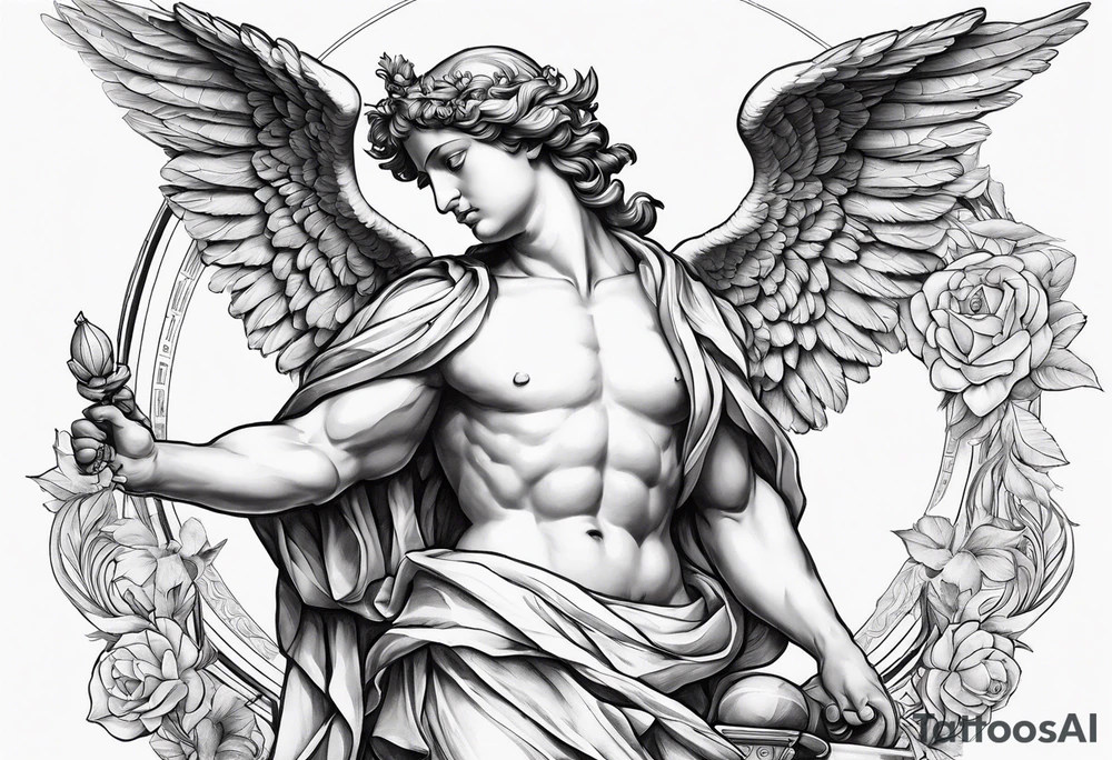 Generates on the biceps shoulder, a Greek-type composition with a Baroque-type guardian angel, the Fibonacci rectangle, with minimalist elements. tattoo idea