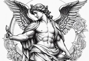 Generates on the biceps shoulder, a Greek-type composition with a Baroque-type guardian angel, the Fibonacci rectangle, with minimalist elements. tattoo idea