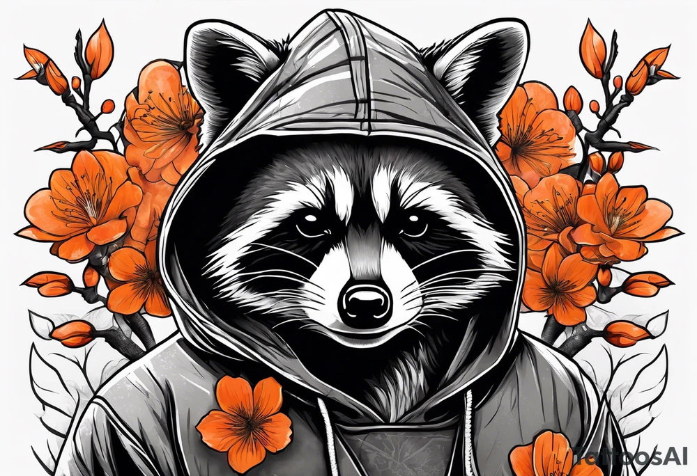 raccoon wearing a Superman hoodie with black and white logo and orange Japanese cherry blossoms tattoo idea