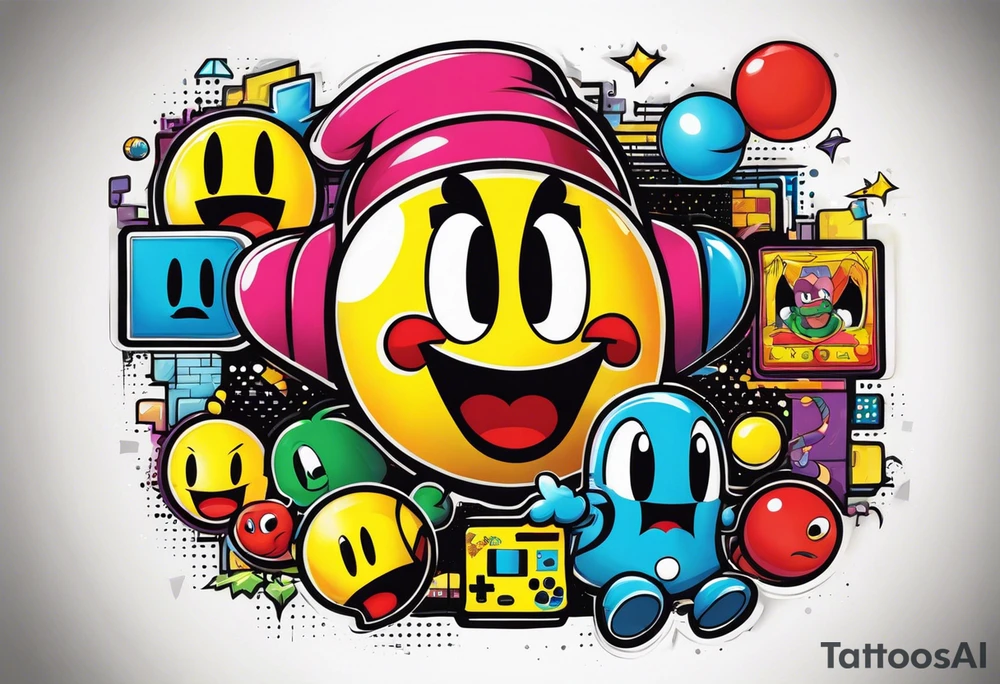 Sleeve containing Pac-Man, Marvin the Martian, Tetris games tattoo idea