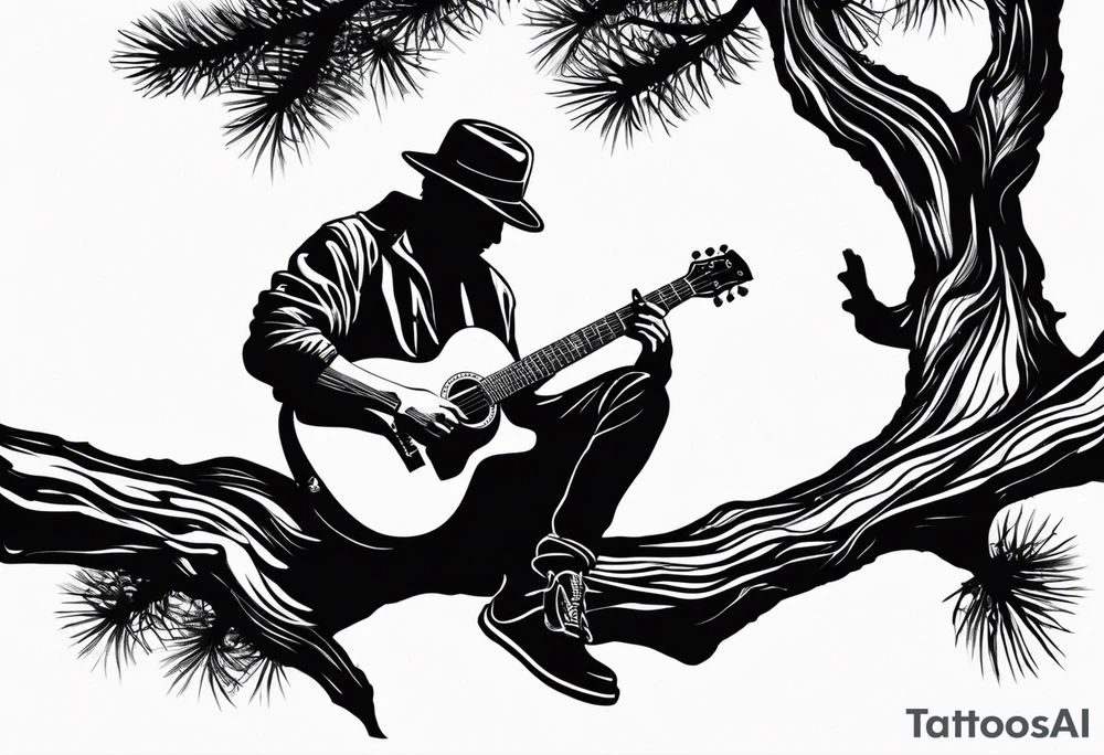 silhouette of a man sitting on a pine tree branch, playing electric guitar tattoo idea