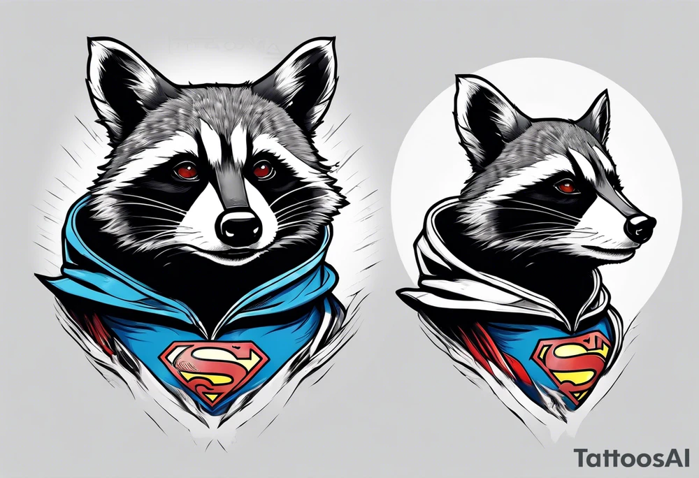 raccoon wearing a Superman hoodie tattoo idea