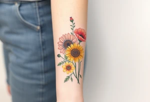 Small watercolour style bunch of wild flowers including Lilly stargazers, sunflowers, poppies and peonies to be placed on forearm tattoo idea