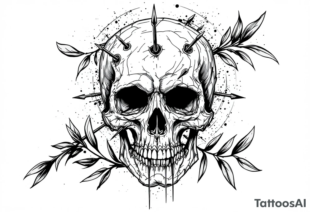 a skull whose head would be pierced by needles under the head go a long an  arrow and surrounded by a olive tree leaf around tattoo idea