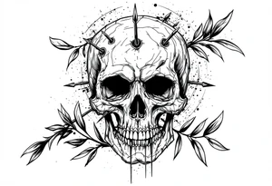 a skull whose head would be pierced by needles under the head go a long an  arrow and surrounded by a olive tree leaf around tattoo idea