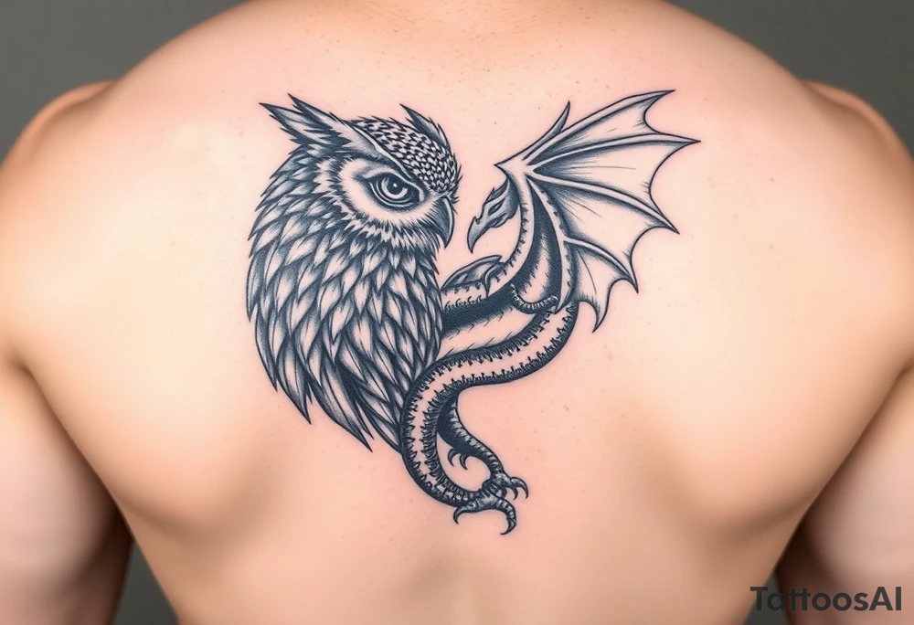 Majestic owl facing a beautiful dragon tattoo idea