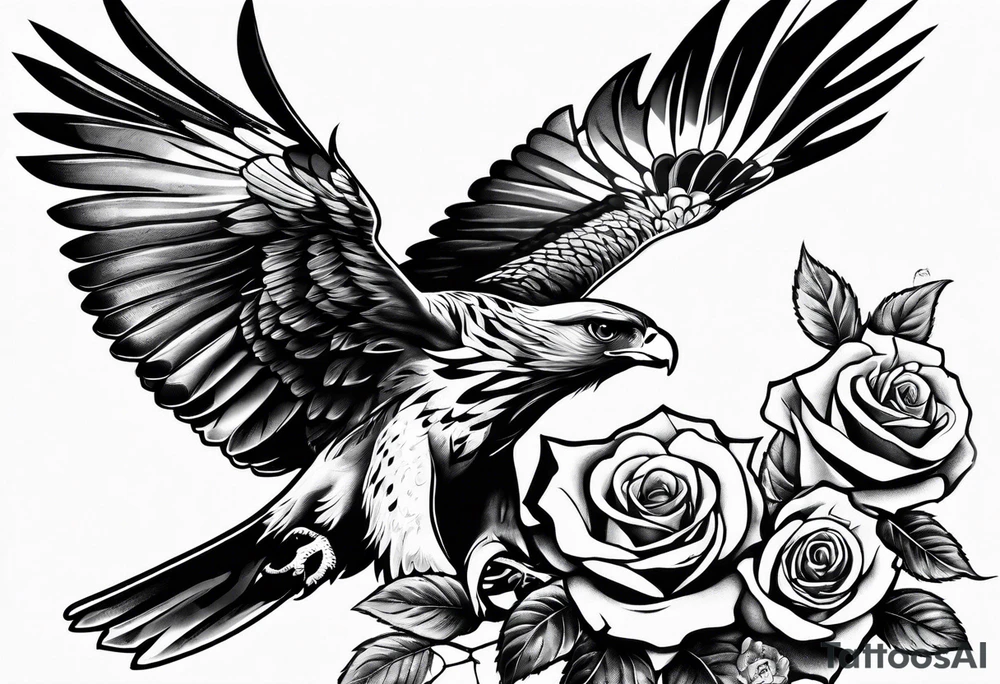 Hawk with rose in mouth flying down on a grave tattoo idea