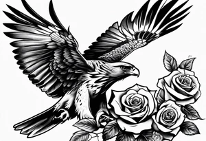 Hawk with rose in mouth flying down on a grave tattoo idea