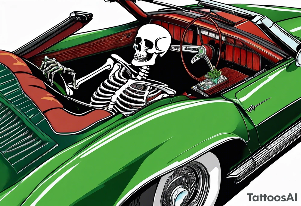 Skeleton smoking a cigarette driving a green 1976 convertible Corvette tattoo idea