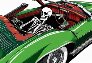 Skeleton smoking a cigarette driving a green 1976 convertible Corvette tattoo idea