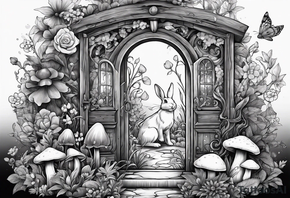 Mystical garden with door and potions and a rabbit and flowers and mushrooms tattoo idea