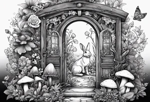 Mystical garden with door and potions and a rabbit and flowers and mushrooms tattoo idea