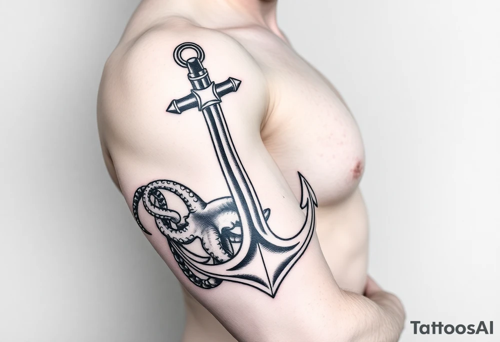 anchor with a pair of lung ingraved on it with an octopus who is holding the anchor and pulling doward on my forearm then on my upper arm and shoulder a hammerhead shark who is tied to the anchor and  pulling up on it tattoo idea