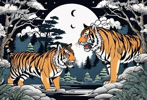 Flying tiger underneath a full moon in a forest tattoo idea