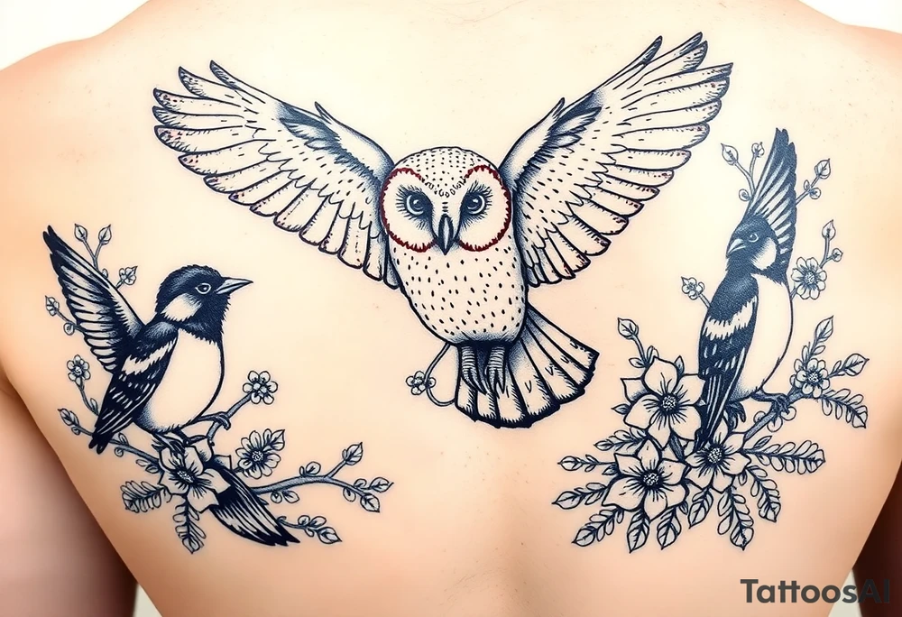 A british barn owl and 2 magpies, entwined by rowan tree berries and florals. In fineline and dotwork. The owl should be in flight. thigh tattoo tattoo idea