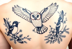 A british barn owl and 2 magpies, entwined by rowan tree berries and florals. In fineline and dotwork. The owl should be in flight. thigh tattoo tattoo idea