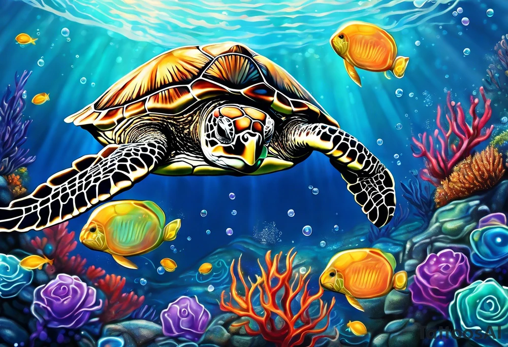 large sea turtle with its head on the right side of the image pieces of corral around it and bubbles, exclude a blue background and add a colorful jellyfish with long flowing tentacles next to the sea turtle tattoo idea