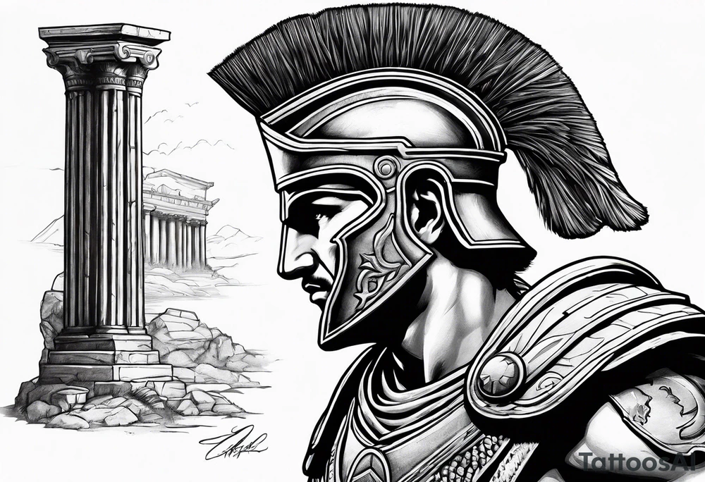 Side profile of spartan soilder with ancient pillars in background tattoo idea