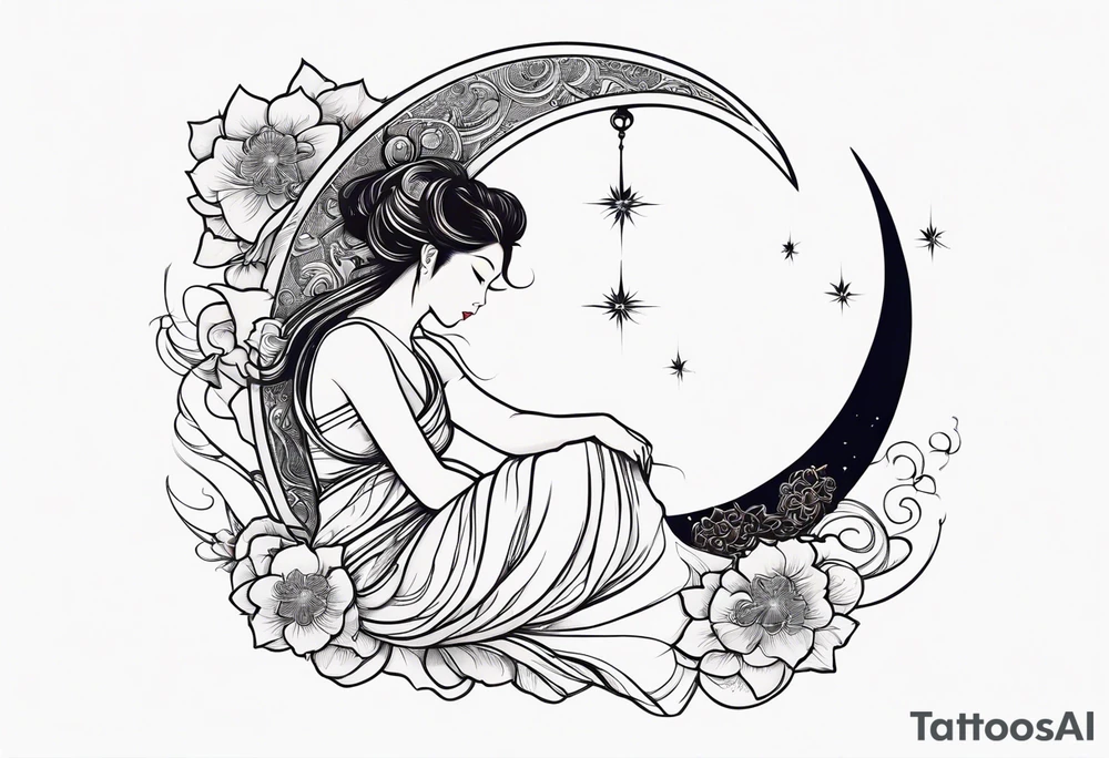 Hot woman in dress riding a crescent moon tattoo idea