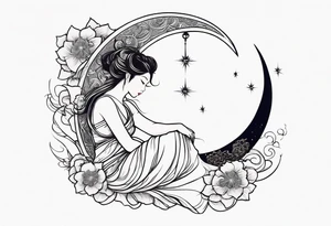 Hot woman in dress riding a crescent moon tattoo idea