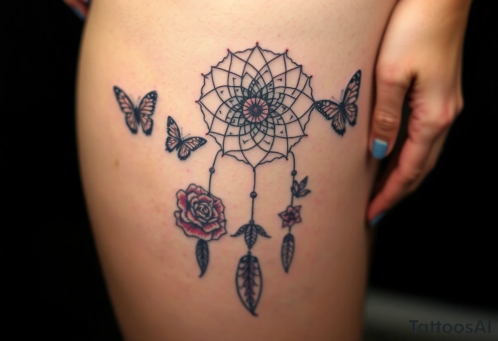 Dreamcatcher roses and butterflies tattoo idea