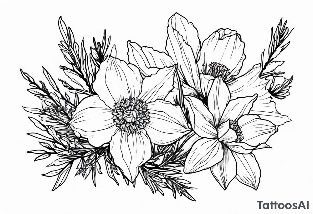 daffodil and aster flowers in a bouquet with pine branch and willow branch tattoo idea