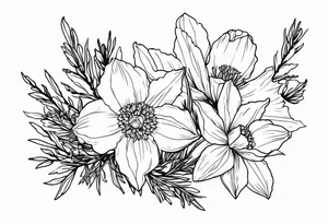 daffodil and aster flowers in a bouquet with pine branch and willow branch tattoo idea