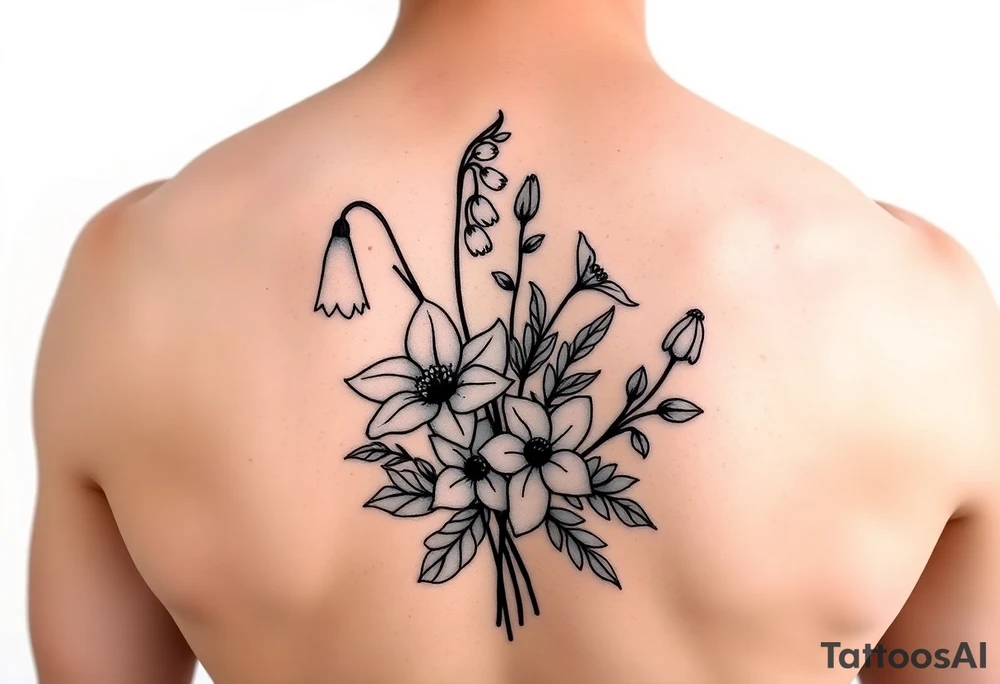 Minimalist design in black bouquet of flowers 1 lily of the valley 1 daffodil 1 holly 1 larkspur tattoo idea