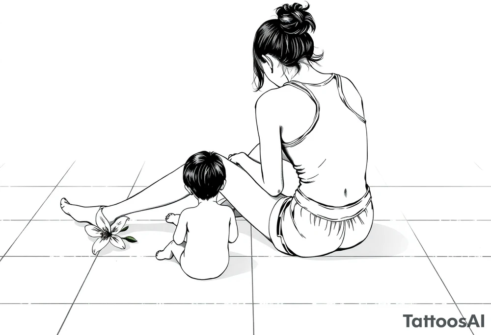 a tile floor with a minimalist realistic silhouette of the back of a thin woman sitting curled on the tile floor and a black silhouette of a young child sitting next to her with a lily next to them on the floor. The woman is wearing a Racerback tank top, running shorts, has dark hair pulled up high, and her head is down. tattoo idea