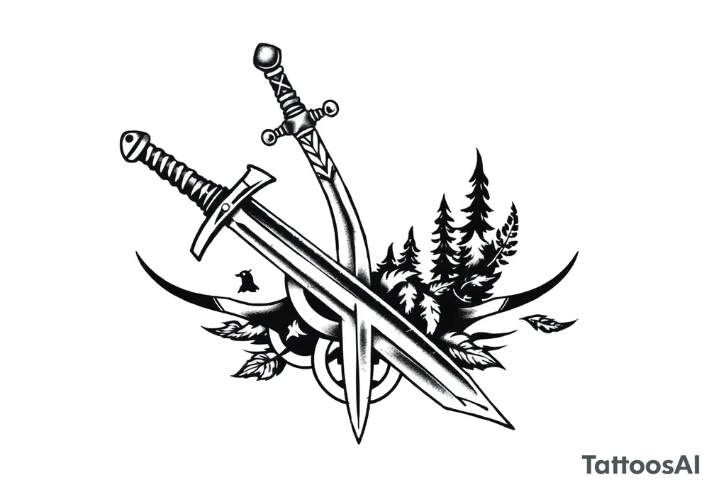 Armband tattoo combining a Celtic knot with a sword and nature tattoo idea
