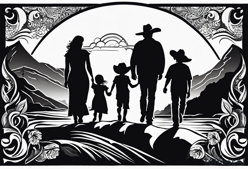A shadow of a family of four walking through the Pacific northwest landscape. Faith centered and add Mexican culture .  Add border with importance of faith tattoo idea