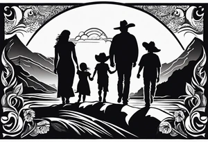 A shadow of a family of four walking through the Pacific northwest landscape. Faith centered and add Mexican culture .  Add border with importance of faith tattoo idea