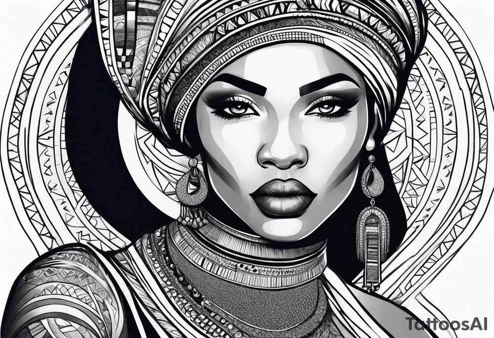 african, women face, arm sleeve tattoo idea