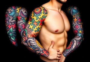 left arm full sleeve to support autism awareness full color and completed filled tattoo idea