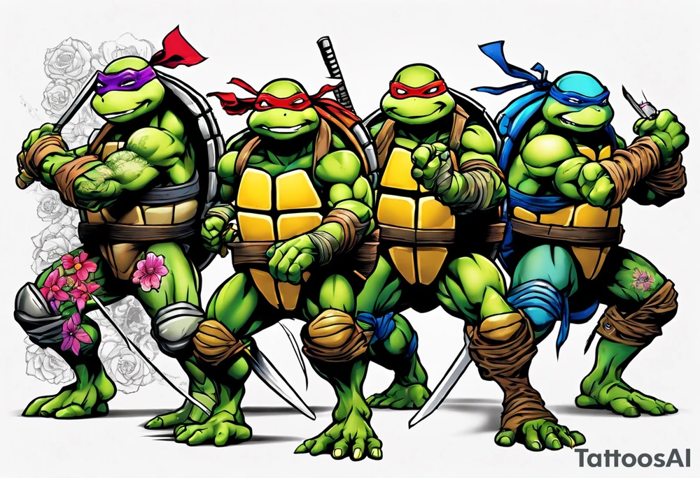 teenage mutant ninja turtles fighting in a city with floral accents tattoo idea